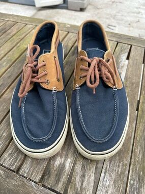 Sperry Navy Canvas Boat Shoes with Brown Accents